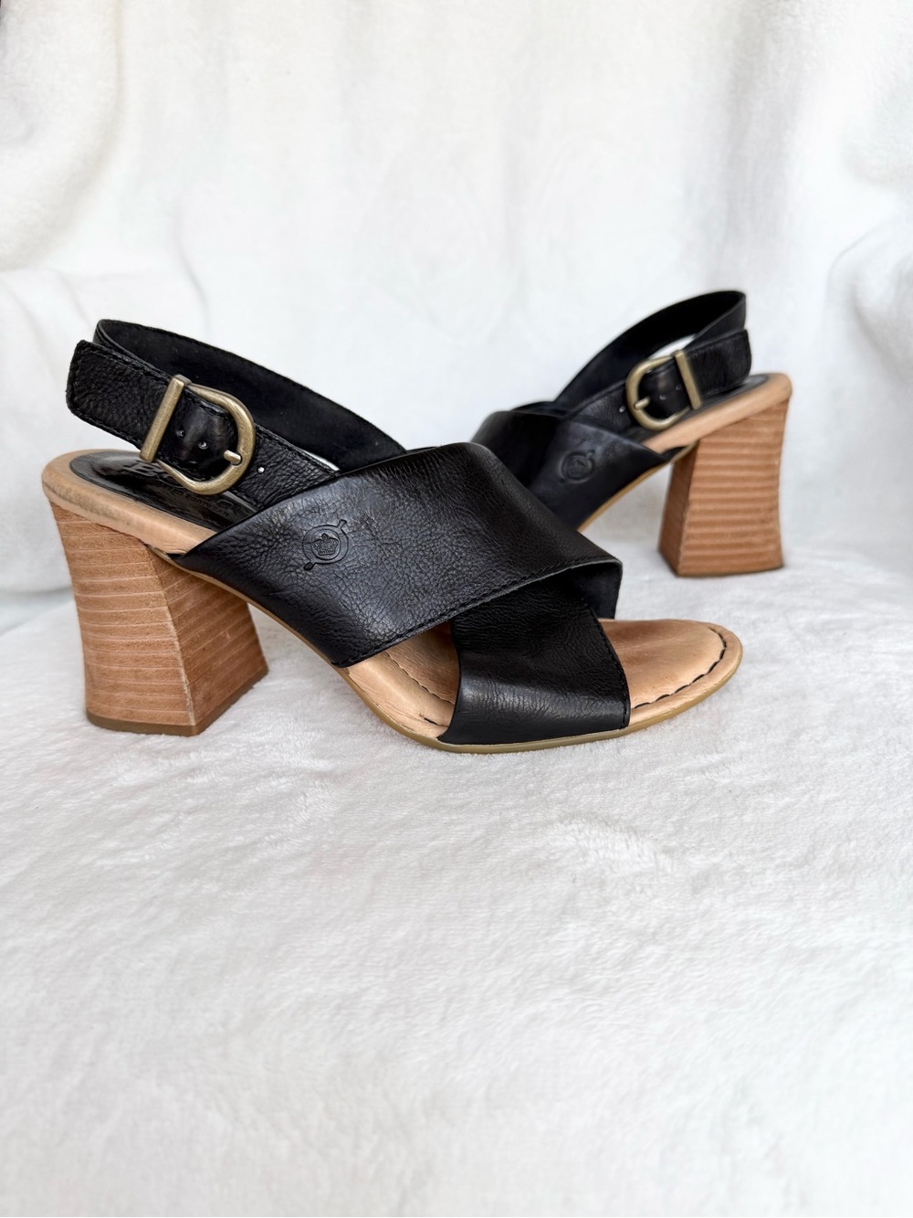 Born Black Leather Crisscross Slingback Block Heels with Tan Wood-Look Heel